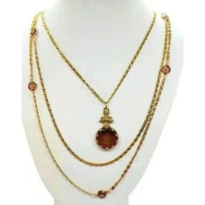 Vintage Goldette 3 Strand Cameo Necklace Amber Crystal Glass Intaglio 1950s
